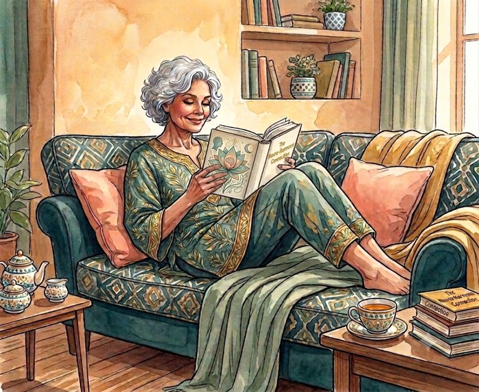 Woman relaxing on a couch reading The Neuro-Hormone Connection guide