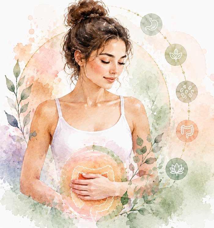 Woman holding her stomach, focused on gut health