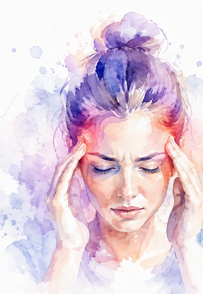 Woman holding her temples with a headache