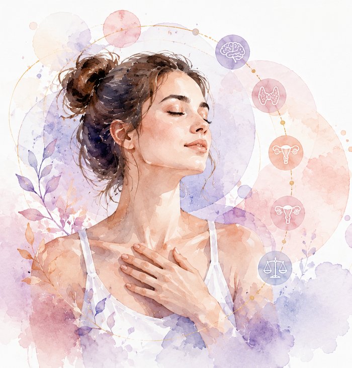 Woman with hand on chest, feeling calm and balanced