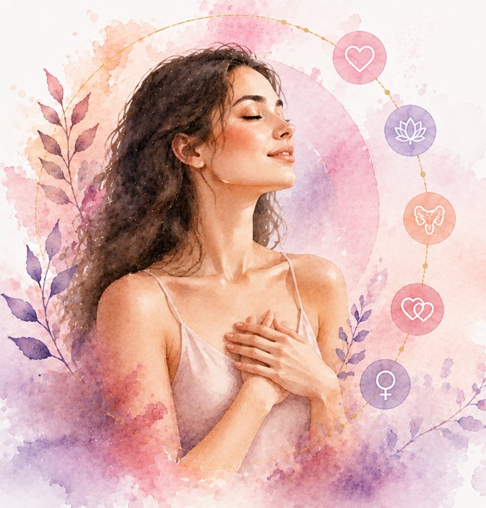 Woman with hands over heart, feeling calm and connected to herself
