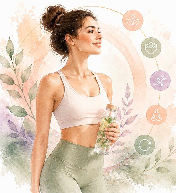 Woman holding a water bottle, feeling healthy and balanced
