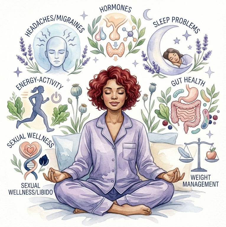 Topics I help with: Headaches/Migraines, Hormones, Sleep Problems, Gut Health, Energy-Activity, Sexual Wellness/Libido, Weight Management